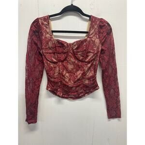 Almost Famous Floral Lace Top Womens Sz M Burgundy Ruched Long Sleeve Club Party